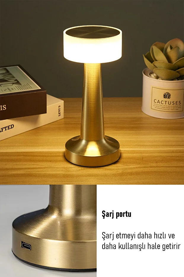 Gold Renk Şarjlı LED Masa Lambası Type-C Girişli Dokunmatik 3 Işık Modlu Gece Aydınlatması